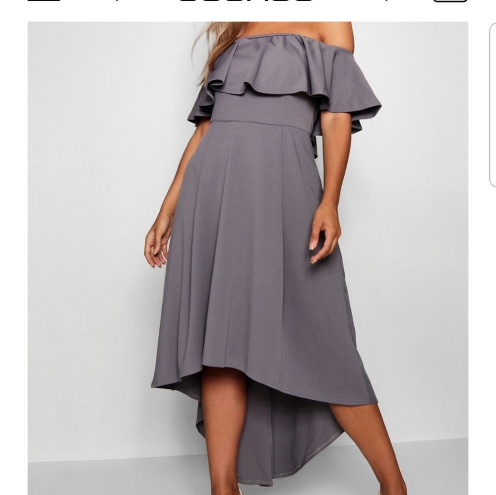 Black off shoulder high low boohoo dress